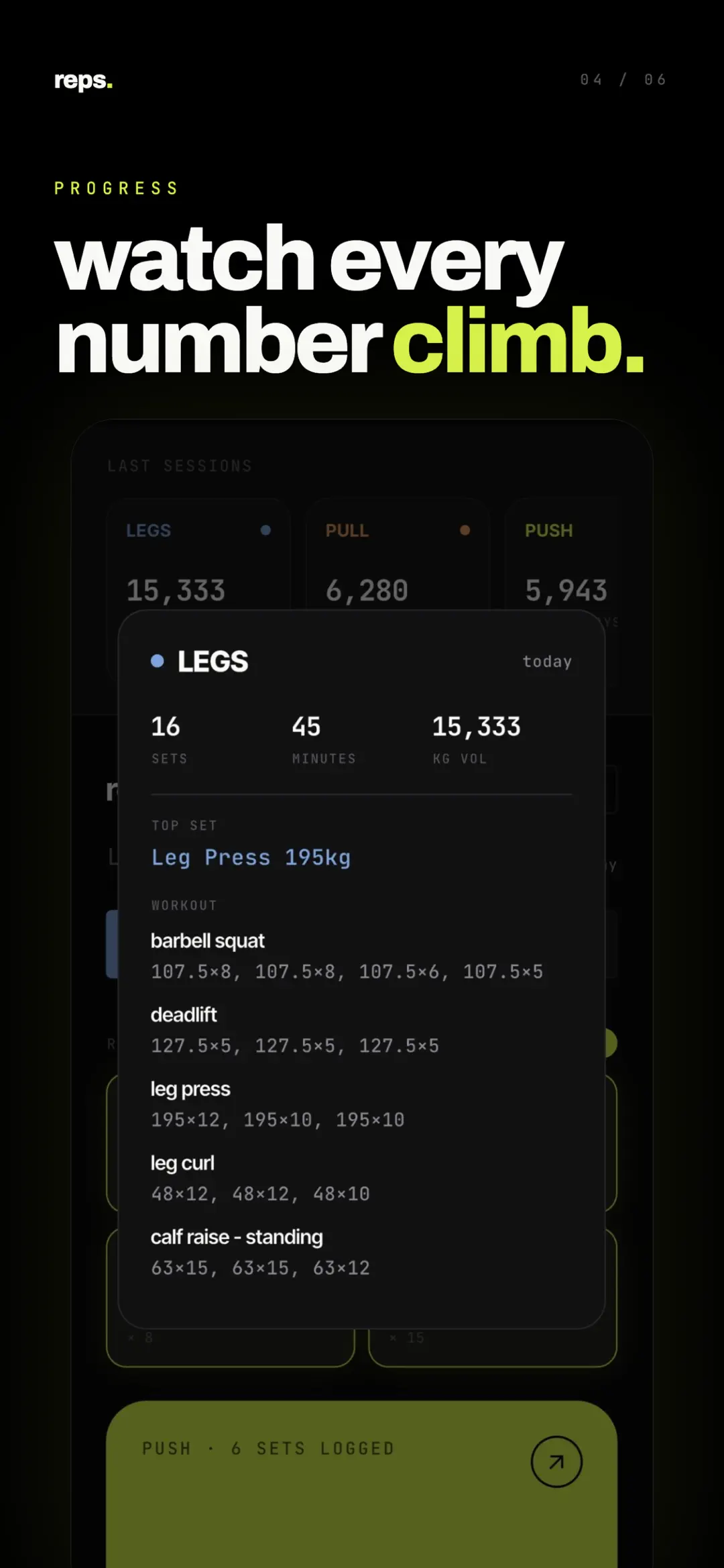 A past legs session opened up, showing sets, minutes and total volume